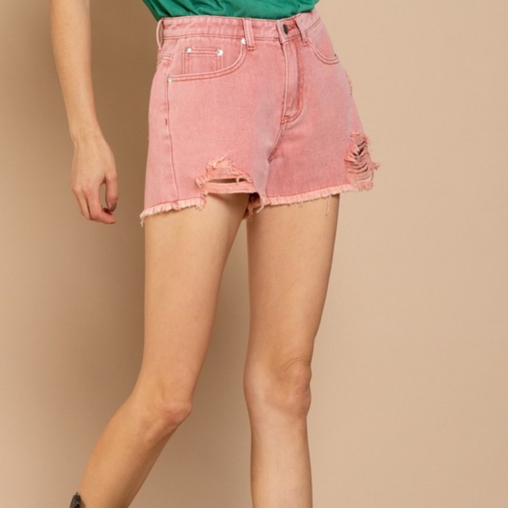 High-Rise Distressed Pink Denim Shorts